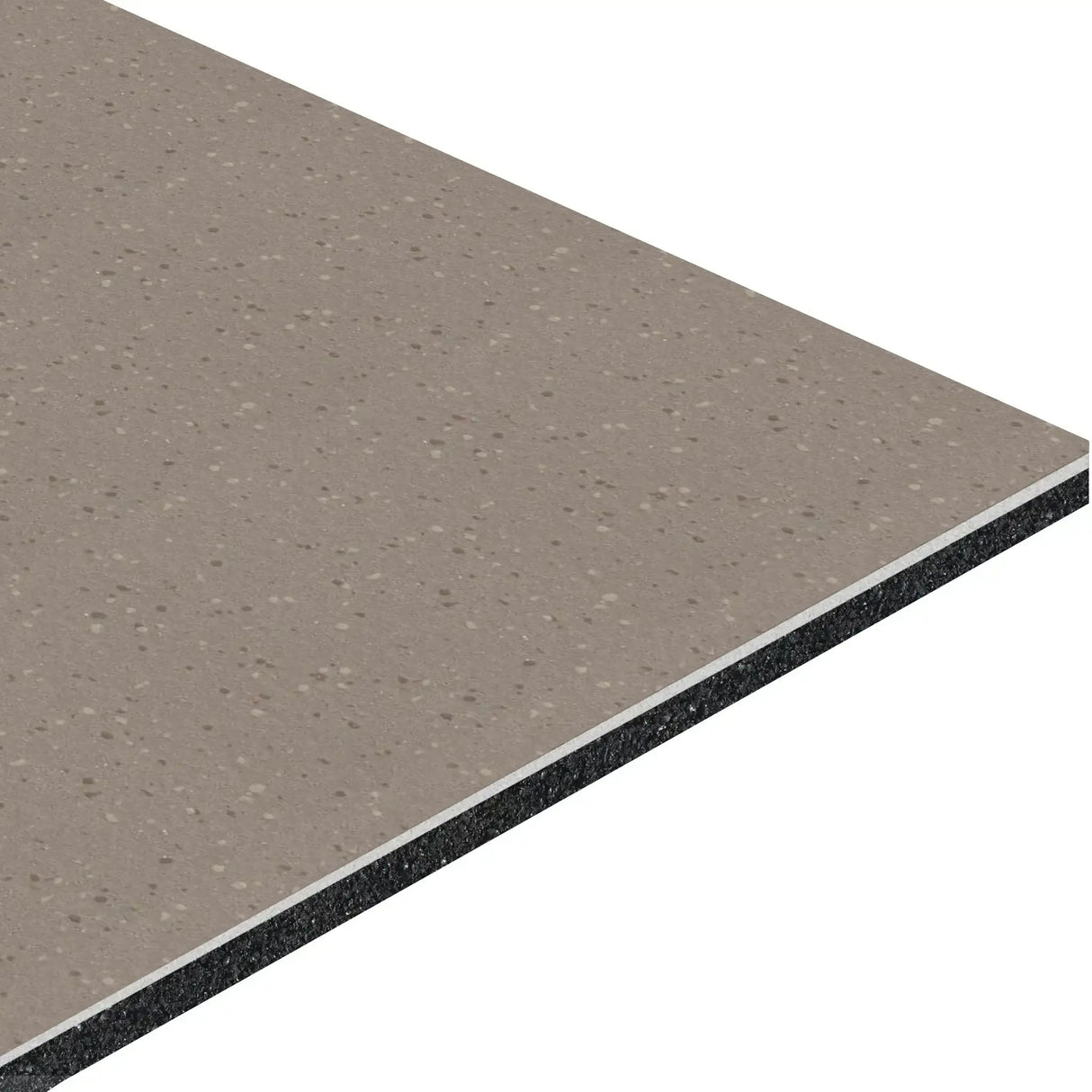 A close-up of the ECORE HydroGrip Motivate Laminate Roll - 7mm Class 1 Flooring by ECORE Athletic shows its rectangular, layered design with a speckled beige surface, thin white middle layer, and thick black bottom layer.
