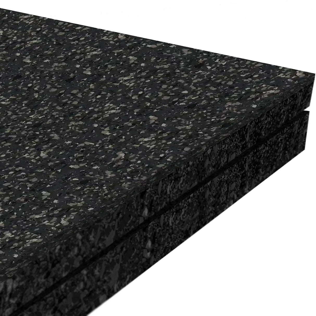 Close-up of two stacked ECORE Athletic Performance Monster Rubber Roll - 22.5mm mats with a speckled gray pattern, highlighting their thickness and textured surface on a white background.