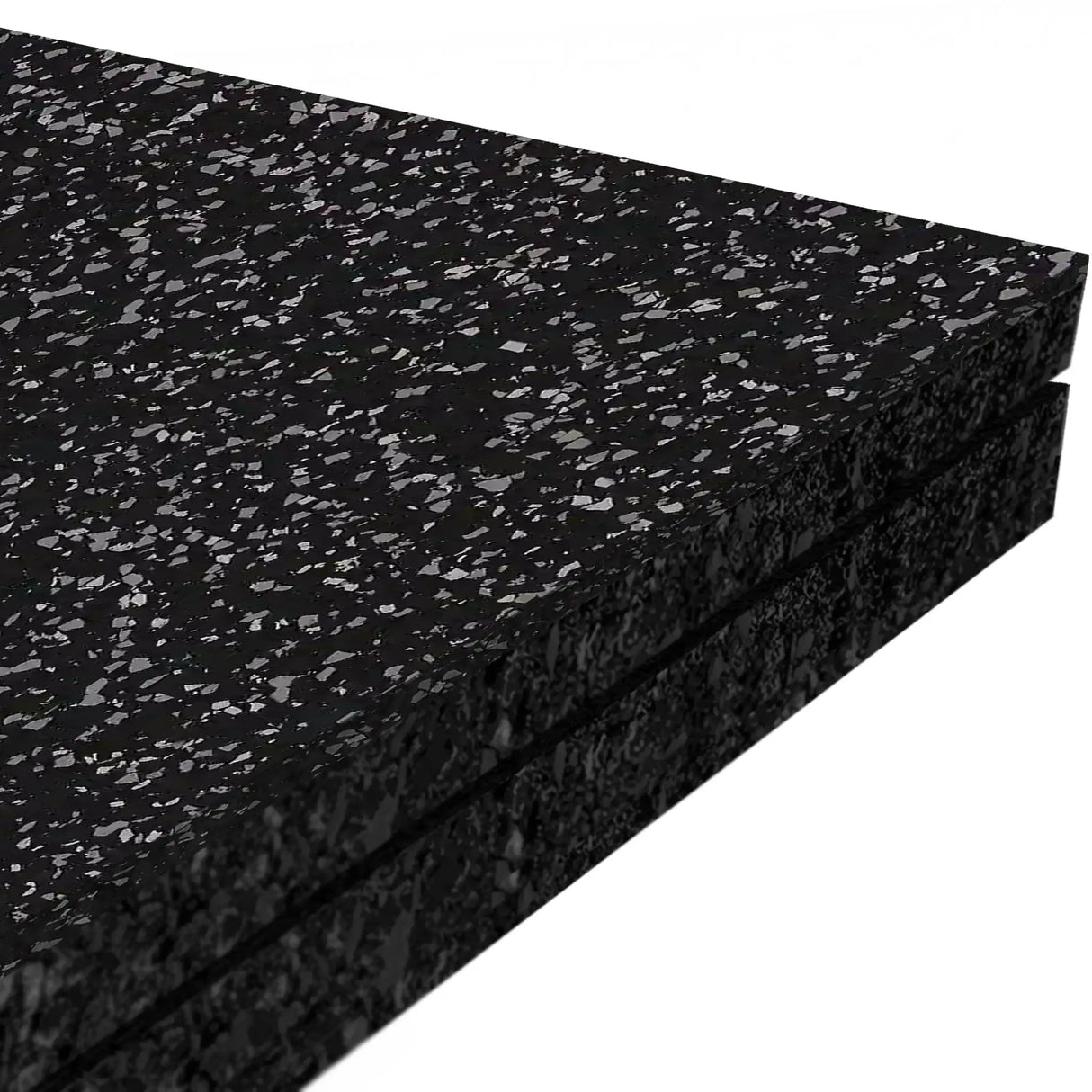Two stacked ECORE Athletic Performance Monster Rubber Roll - 22.5mm mats, black with small gray speckles, viewed from a corner angle against a white background.