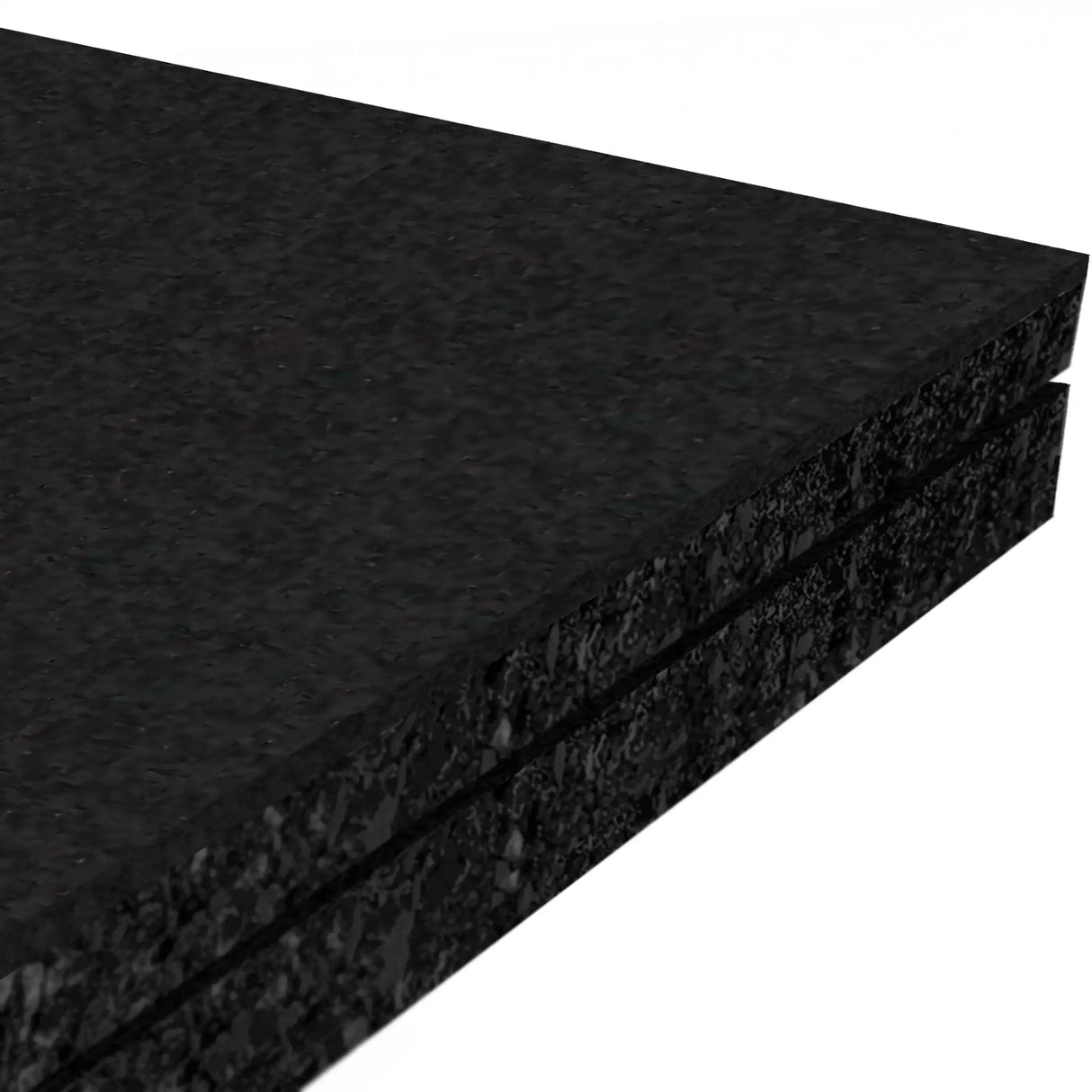 Close-up of two stacked ECORE Athletic Performance Monster Rubber Roll - 22.5mm Flooring mats, highlighting their black textured surfaces and edges against a white background.