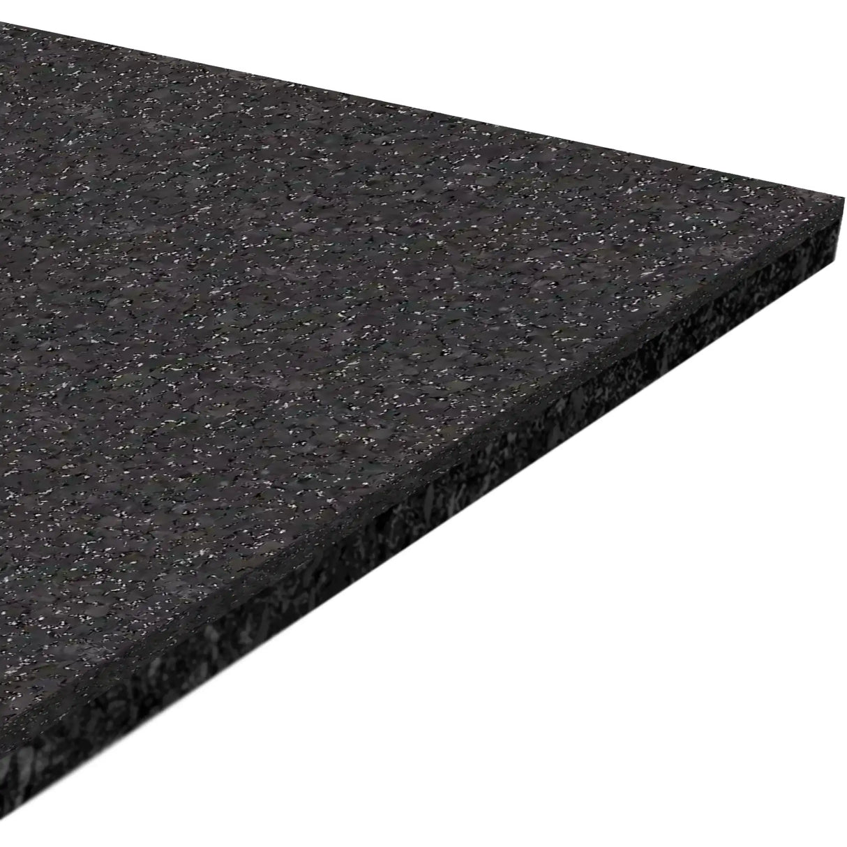 A close-up of the ECORE Performance Motivate Plus Rubber Roll - 10.5mm Flooring by ECORE Athletic, featuring a rectangular black mat with a speckled texture, photographed at an angle to showcase its thickness and surface details.