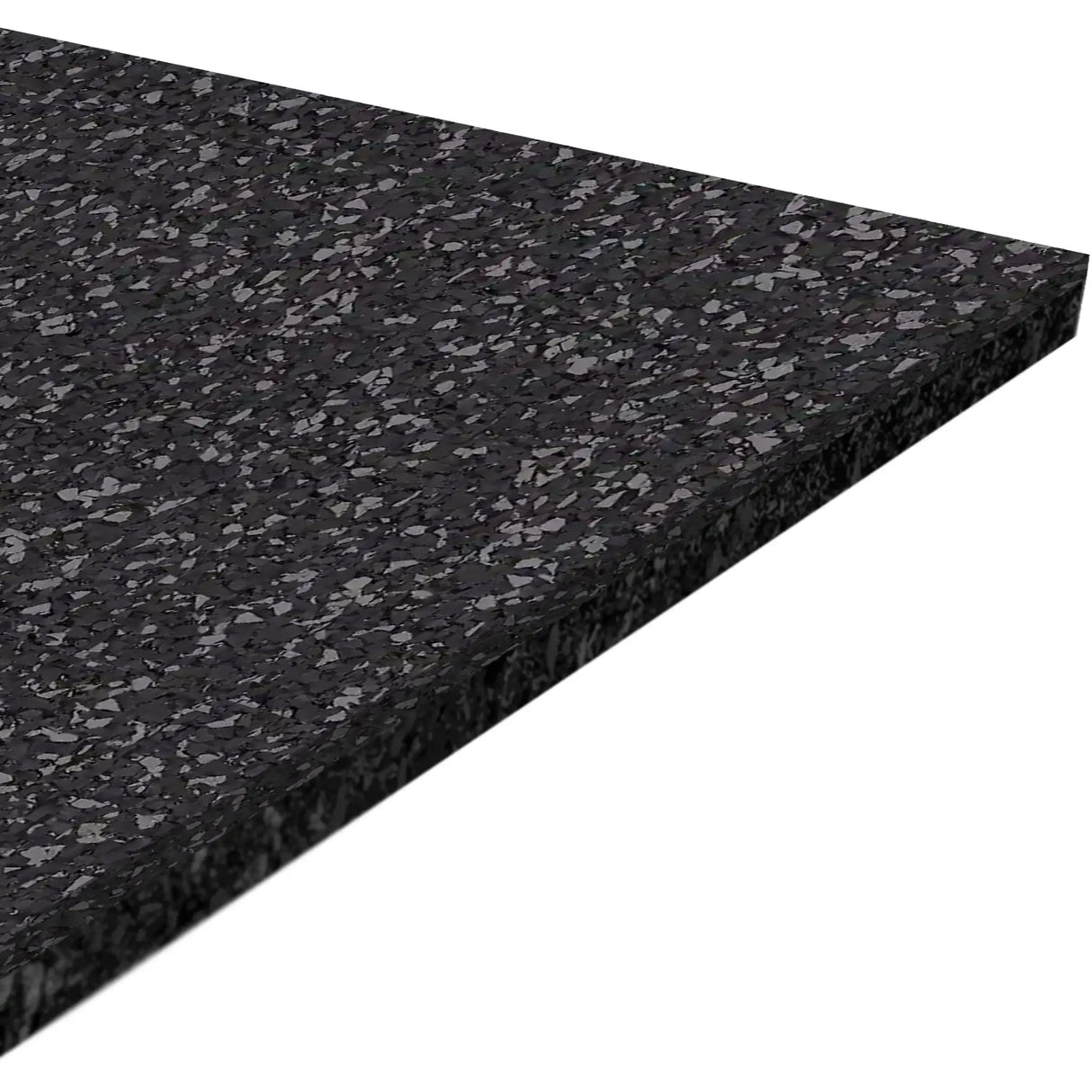 A close-up of the ECORE Athletic Performance Motivate Plus Rubber Roll - 10.5mm Flooring, a thick rectangular black mat with a speckled texture, shown on a white background.