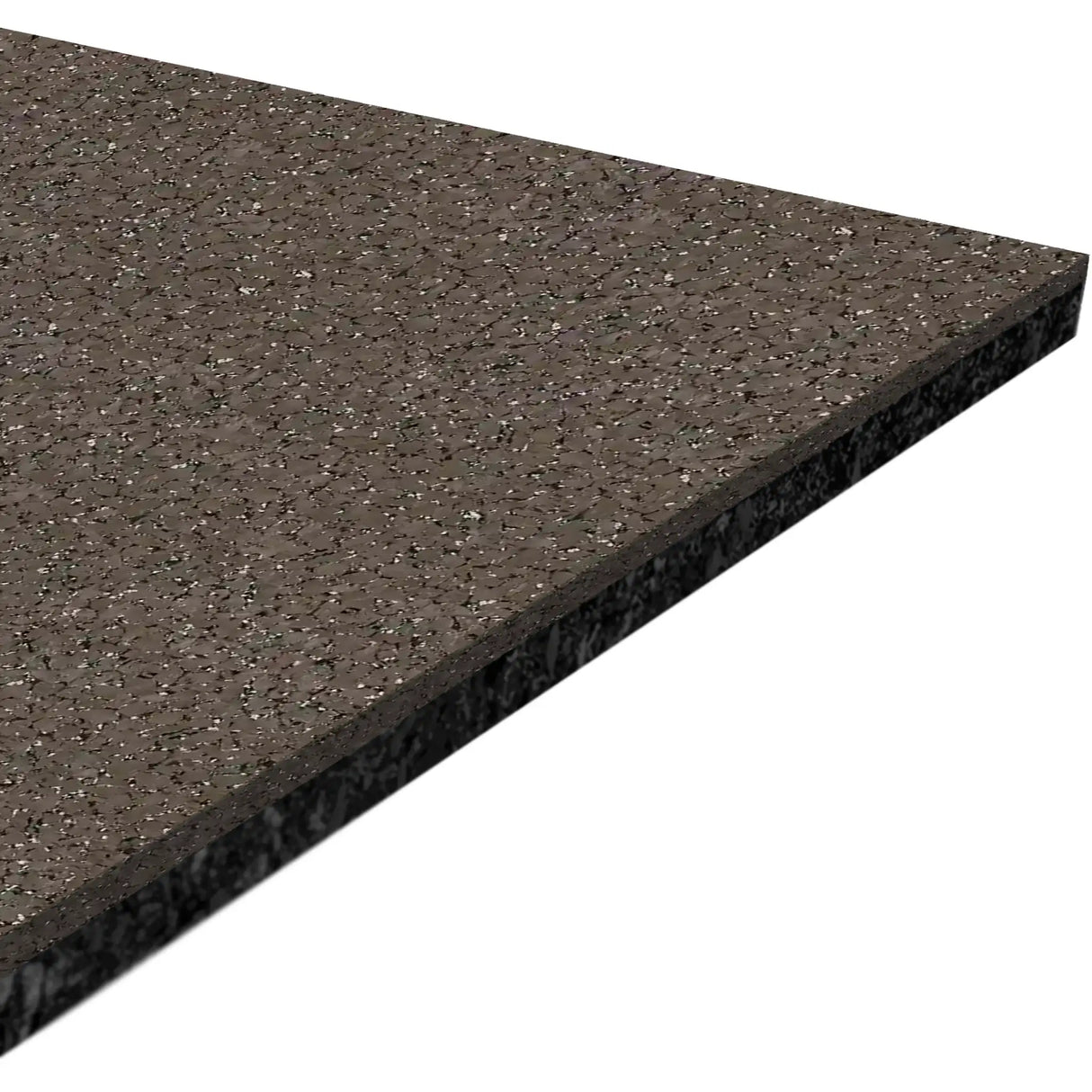 A close-up of the ECORE Performance Motivate Plus Rubber Roll - 10.5mm Flooring by ECORE Athletic shows its speckled brown, textured surface and beveled edges against a white background.