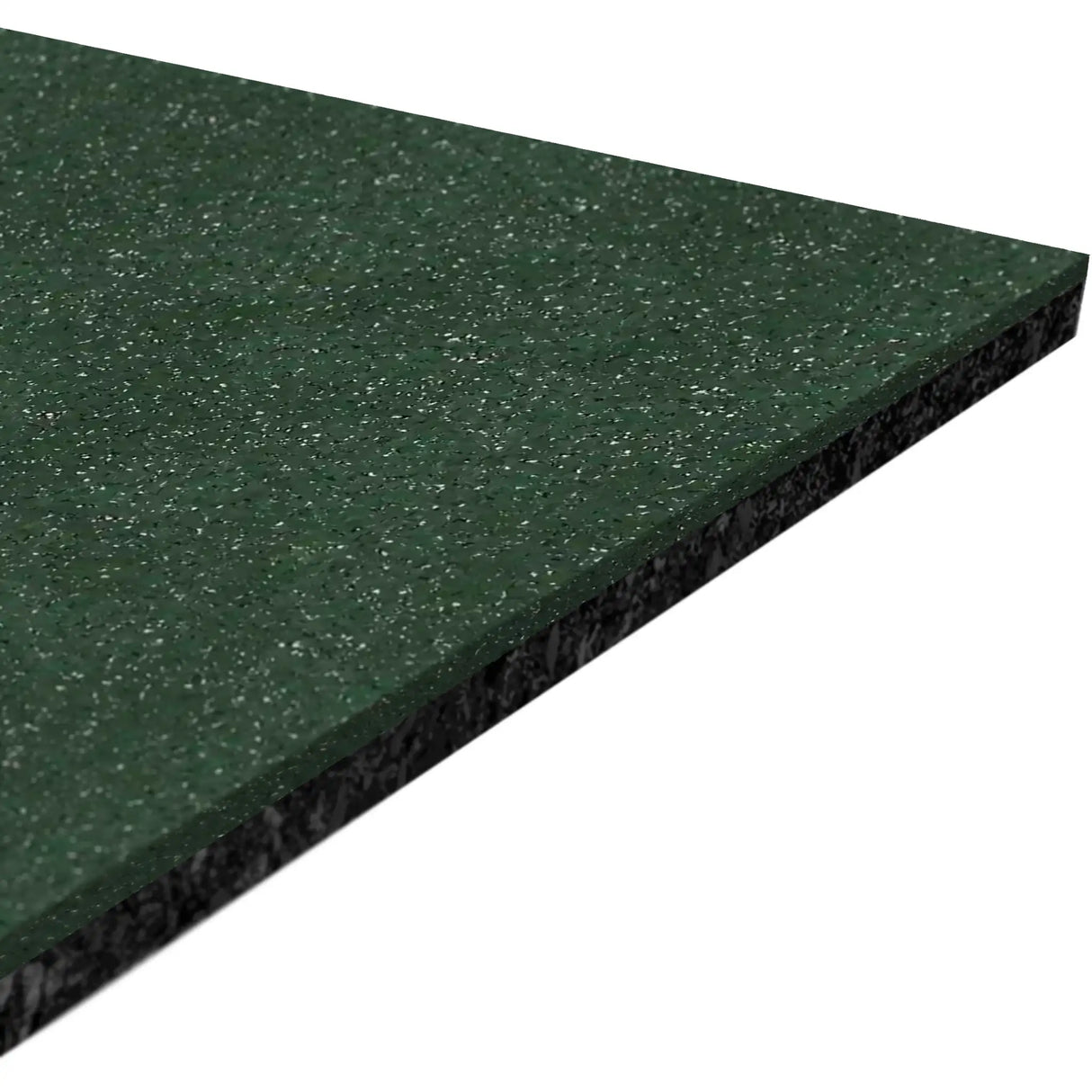 A close-up of the ECORE Athletics Performance Motivate Plus Rubber Roll 10.5mm Flooring, a rectangular green speckled mat with a black edge, shown angled on a white background.