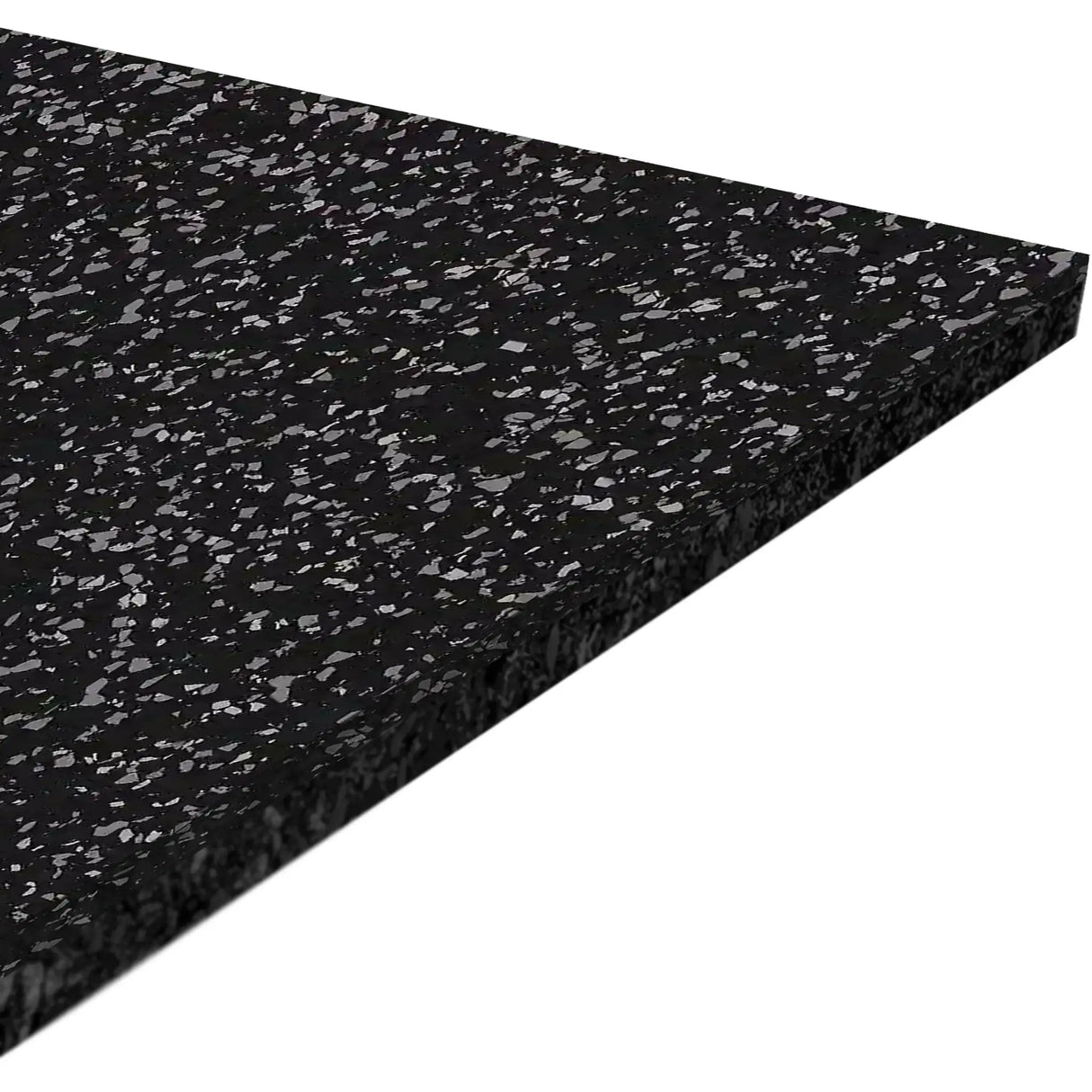 A triangular section of the ECORE Performance Motivate Plus Rubber Roll - 10.5mm Flooring by ECORE Athletic is shown close-up, featuring black rubber with light gray speckles on a white background.
