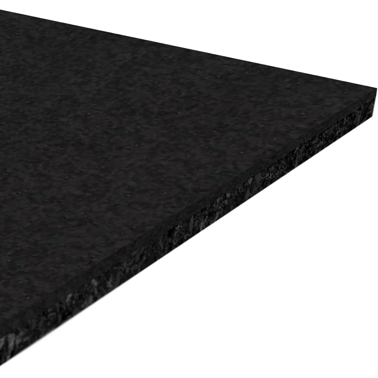 A close-up view of the ECORE Athletic ECORE Performance Motivate Plus Rubber Roll - 10.5mm Flooring highlights its rectangular shape, polished black surface, and thin edge.