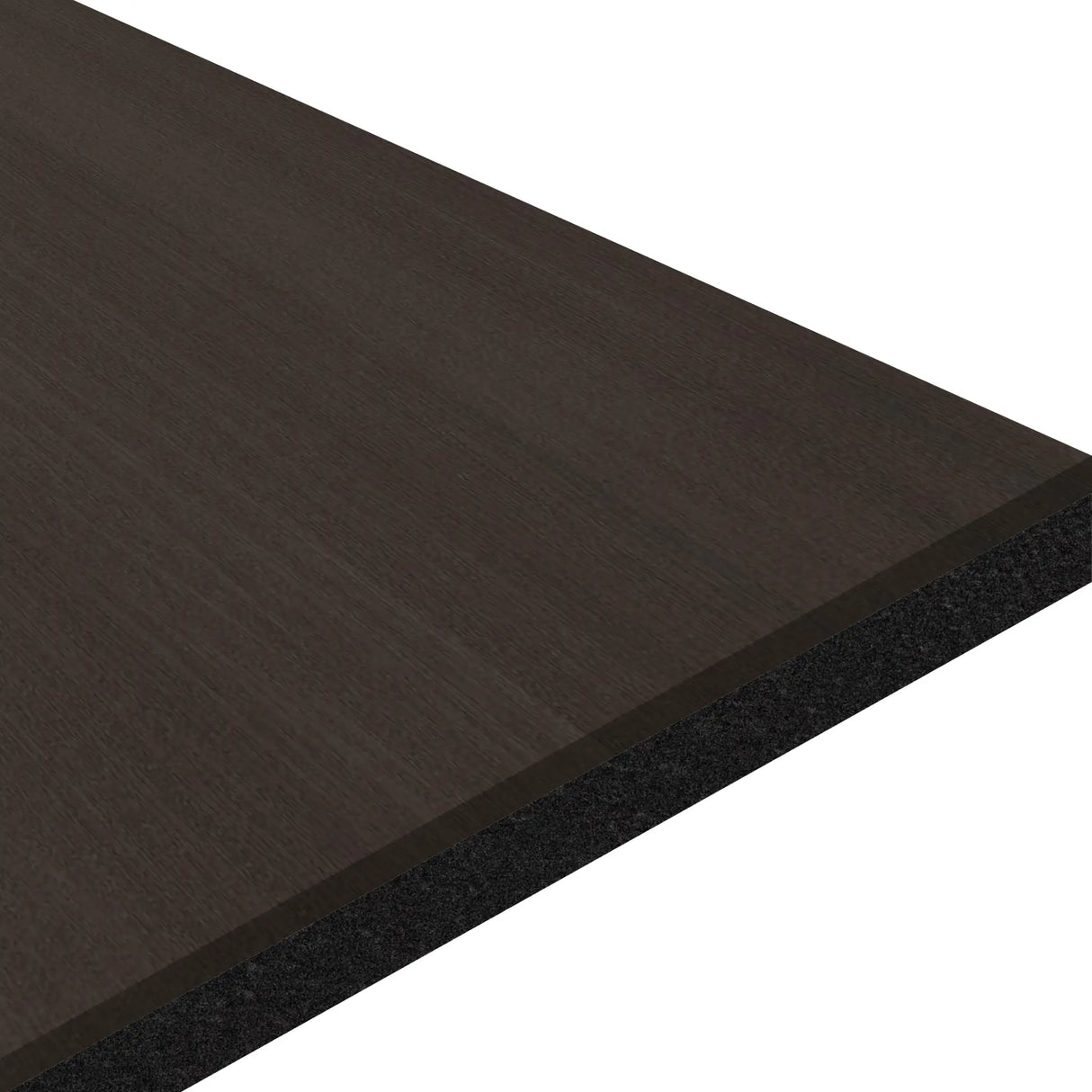 A close-up of the ECORE Athletic ECORE Moxie Beast Laminate Roll - 10.5mm Flooring shows its rectangular, dark brown wood laminate board with a smooth surface and visible edges, set against a white background.
