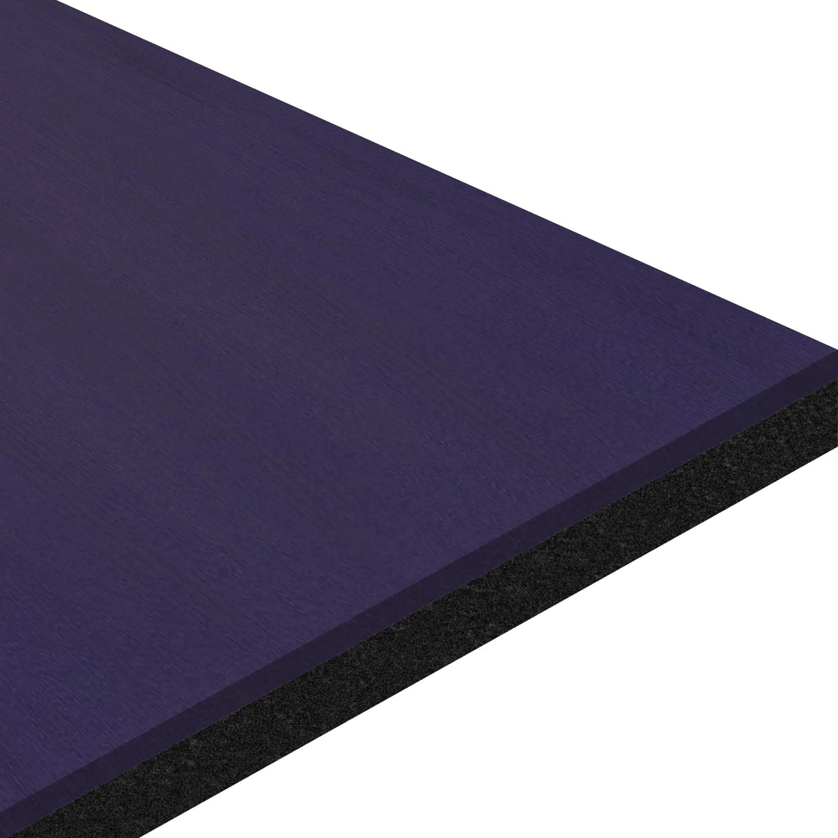 A close-up of the ECORE Moxie Beast Laminate Roll - 10.5mm Flooring by ECORE Athletic, featuring a smooth dark blue top and black textured underside, shown angled against a white background.