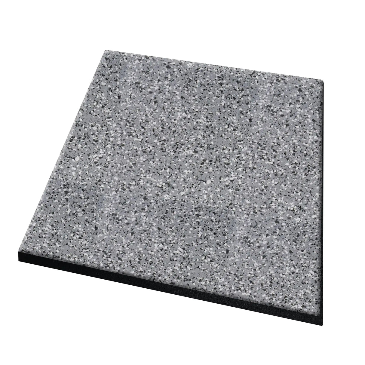 The ECORE PlayGuard Rubber Tile - 2.5" Playground Flooring by ECORE Athletic is a square, speckled gray tile with a smooth surface and black base, displayed against a white background.