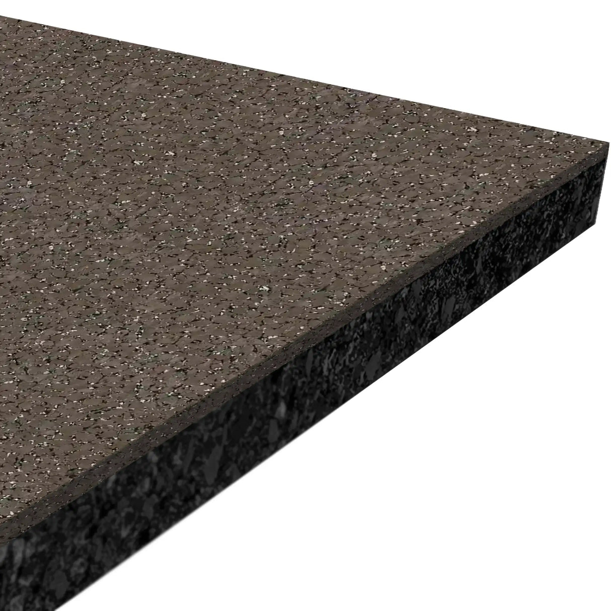 A close-up of the ECORE Performance Rally Rubber Roll - 14.5mm Flooring by ECORE Athletic shows its rectangular shape, brown speckled textured surface, and beveled edges on a white background.