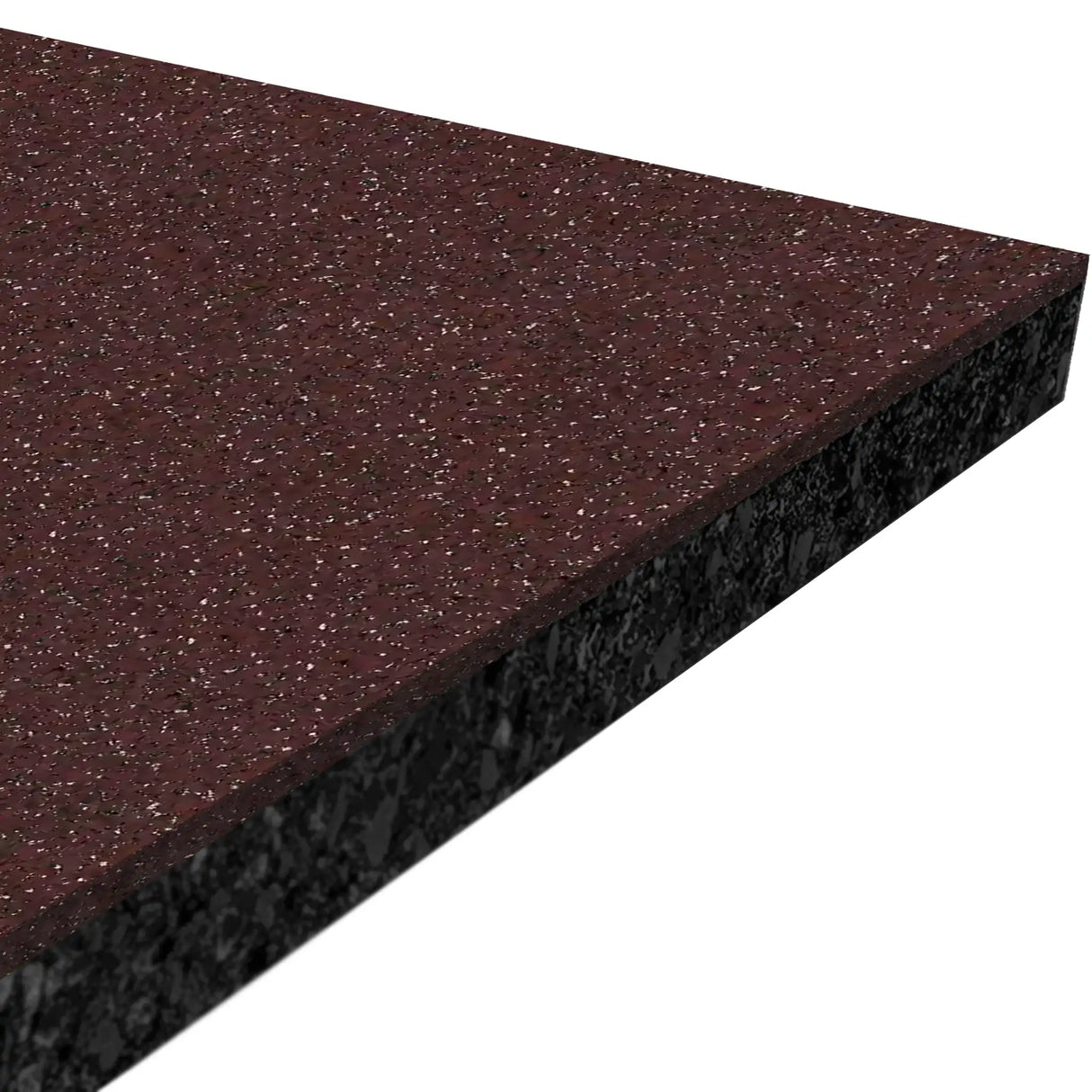 Close-up of ECORE Athletic ECORE Performance Rally Rubber Roll - 14.5mm Flooring in maroon with a speckled top and black textured underside, displayed at an angle on a white background.
