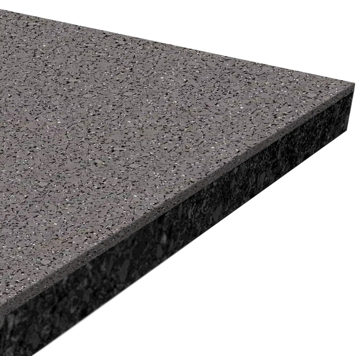 Close-up of the corner of an ECORE Athletic Performance Rally Rubber Roll - 14.5mm Flooring slab, showing its smooth surface with small, speckled light and dark rubber grains.