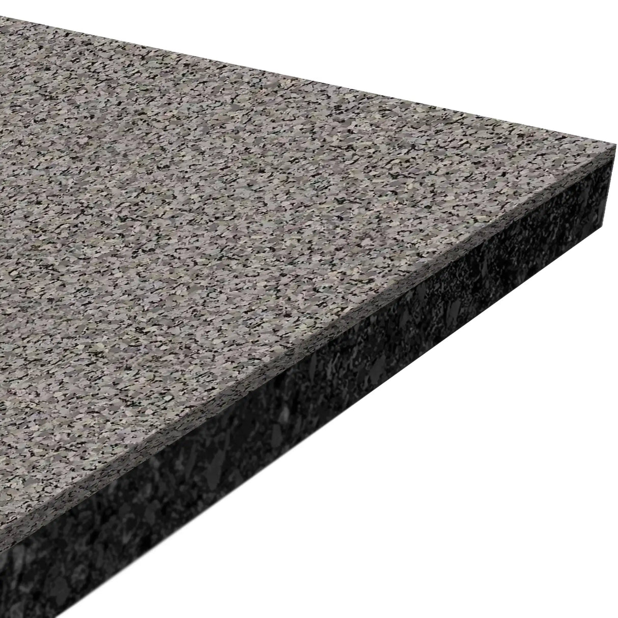 Close-up of the corner of an ECORE Performance Rally Rubber Roll - 14.5mm Flooring by ECORE Athletic, highlighting its thick, textured surface with speckled gray and black colors.