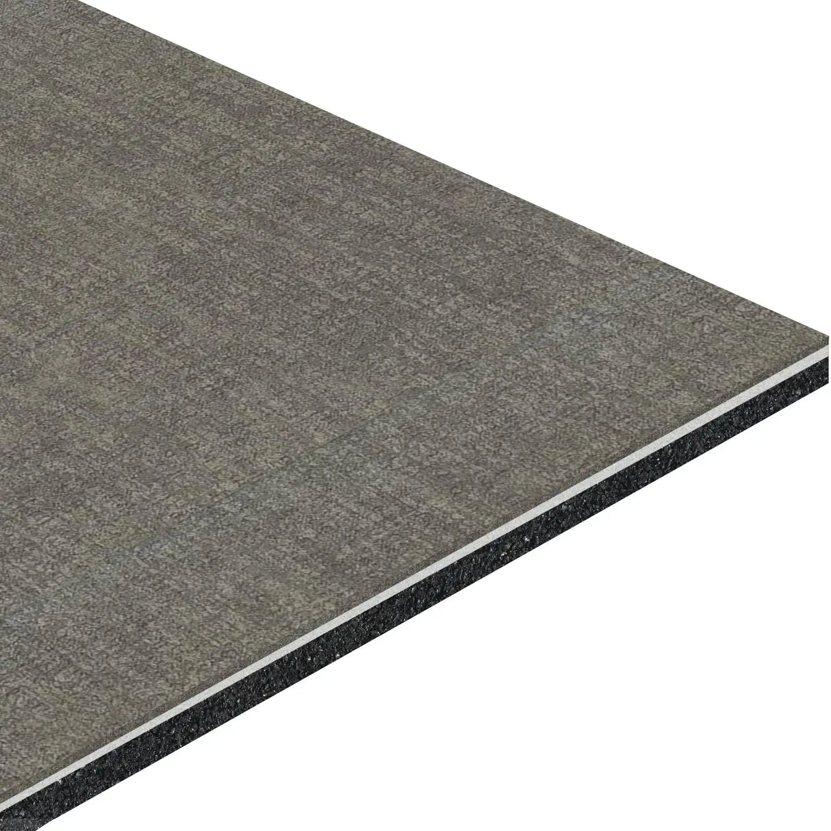A close-up of the ECORE Athletic Restorative Motivate Laminate Roll - 7mm Class 1 Flooring shows its rectangular, textured gray surface and layered cross-section with a thin white core between gray top and darker bottom layers.