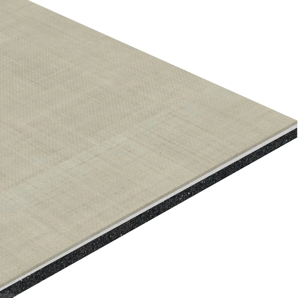 Close-up of ECORE Serenity Motivate Laminate Roll - 7mm Class 1 Flooring by ECORE Athletic, featuring a rectangular, layered panel with a beige top surface and dark textured core that highlights its thickness and material composition.
