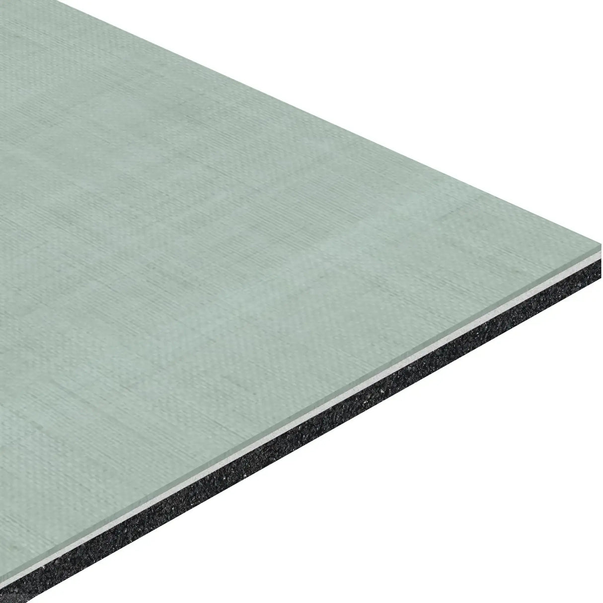 A close-up of ECORE Serenity Motivate Laminate Roll - 7mm Class 1 Flooring by ECORE Athletic, showing its light gray textured top and black speckled inner layer, highlighting the panel’s thickness and layered construction.