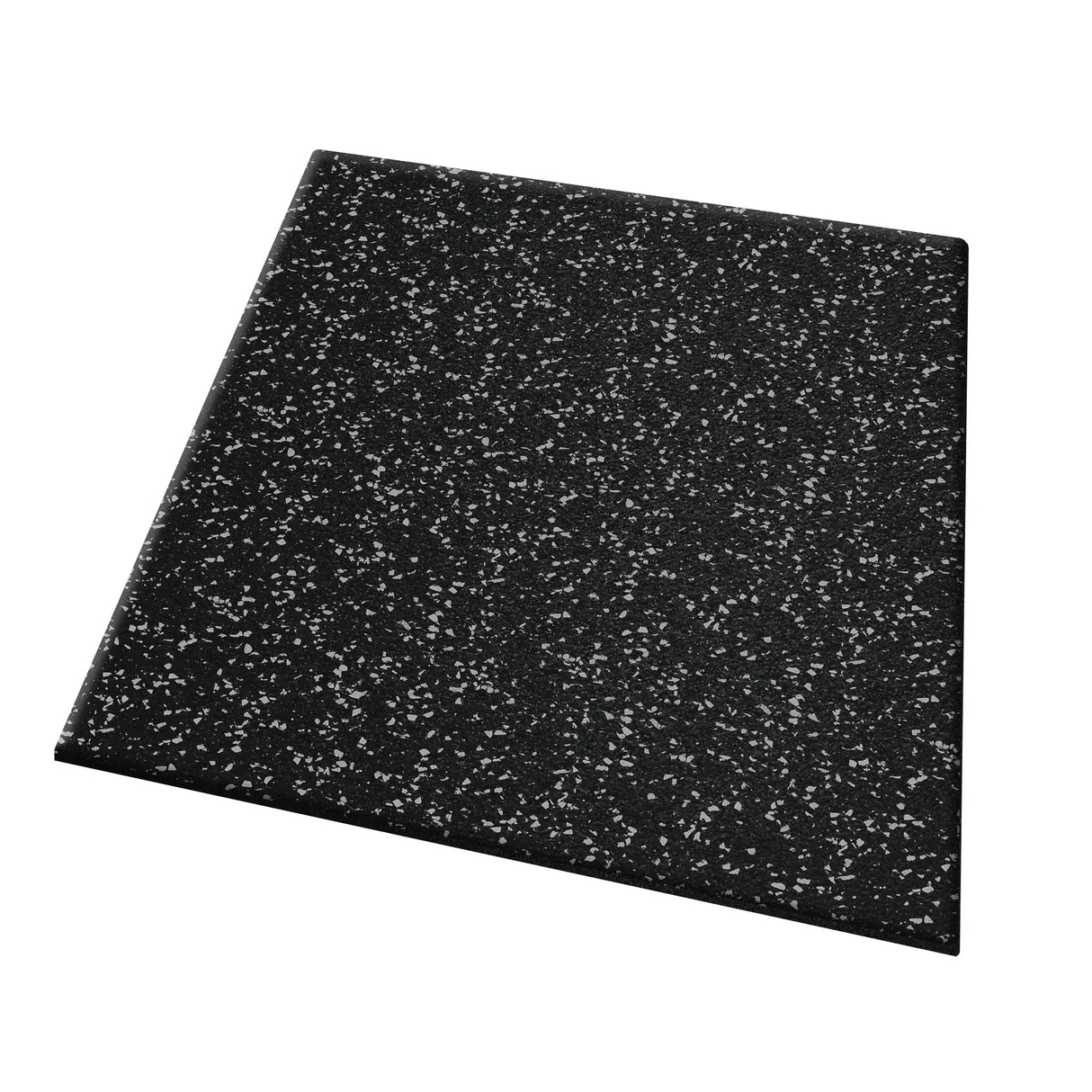The ECORE Performance UltraTile - 1" Rubber Tile from ECORE Athletic is a rectangular black tile with a polished surface and a speckled pattern of white and gray flecks. It features slightly rounded edges.