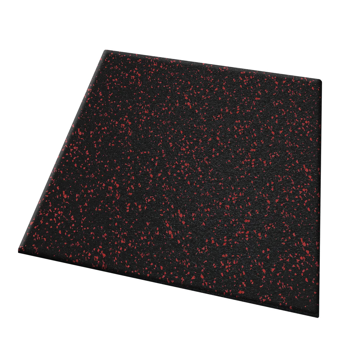 The ECORE Athletic Performance UltraTile is a 1" thick, square black rubber gym tile with small red speckles. Shown on a white background, it's durable and ideal for fitness or exercise flooring.