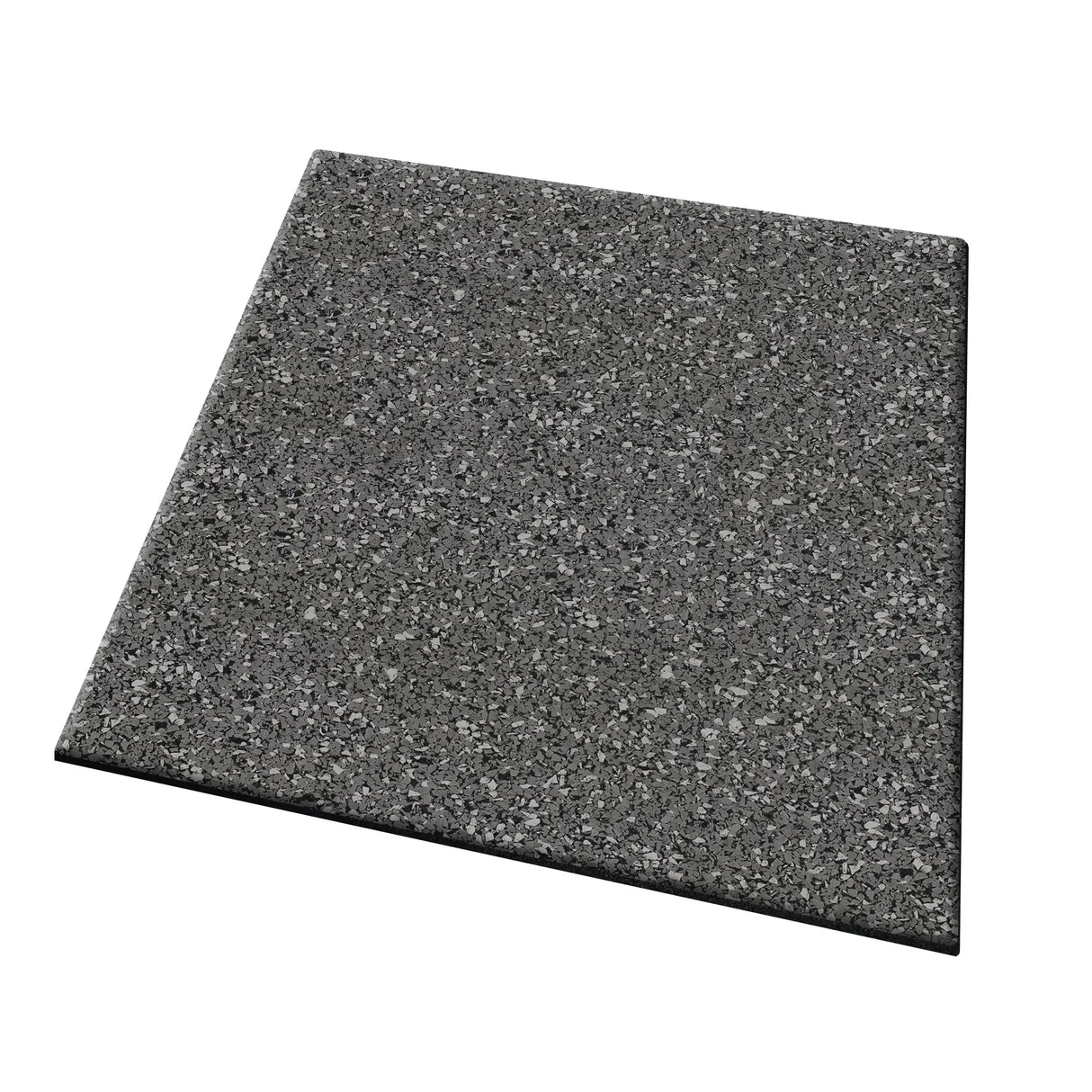 An ECORE Performance UltraTile 1" Rubber Tile by ECORE Athletic, square and flat with a dark gray speckled pattern, shown at an angle on a white background.