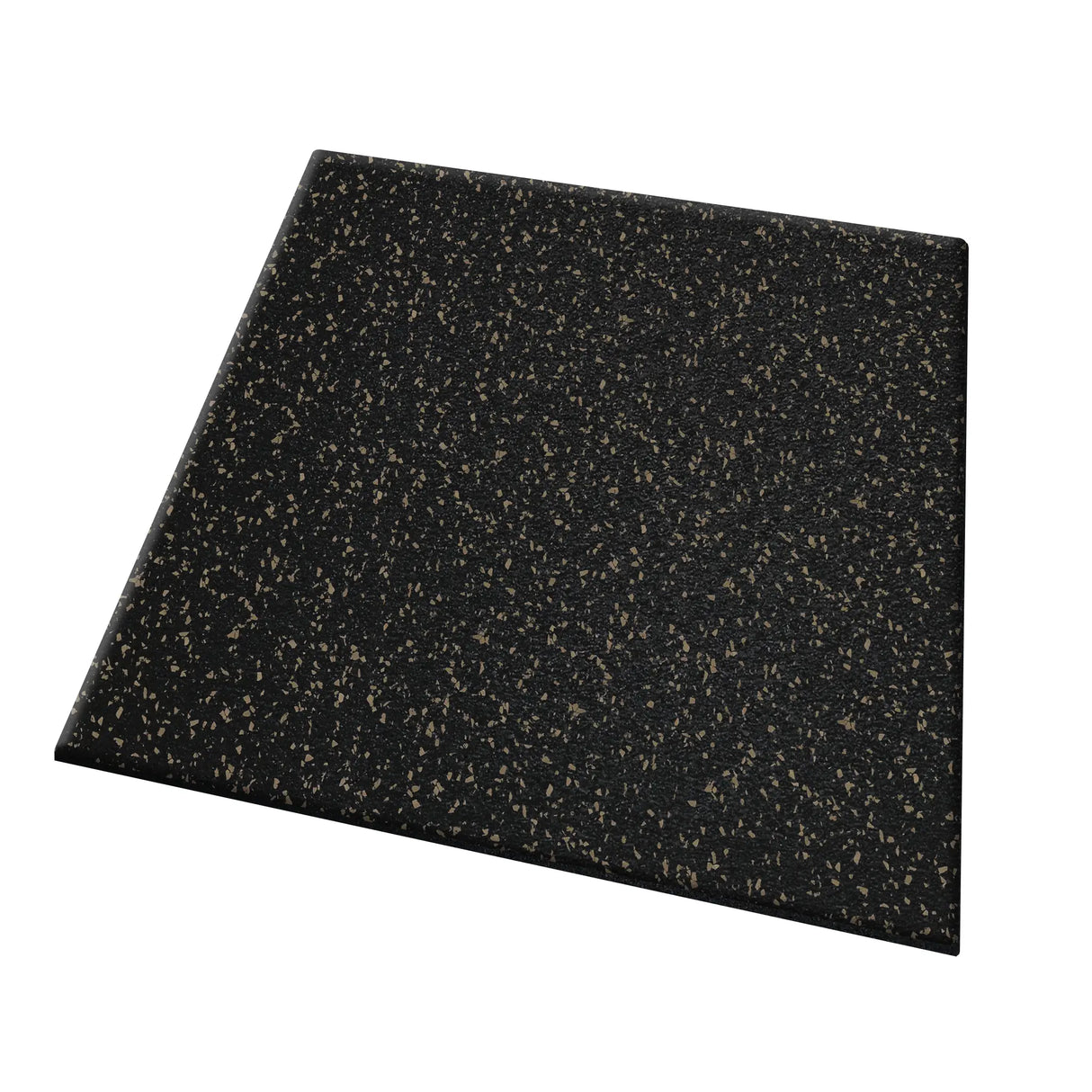 An ECORE Athletic Performance UltraTile 1" black rubber gym flooring tile with small light brown speckles, displayed against a white background.