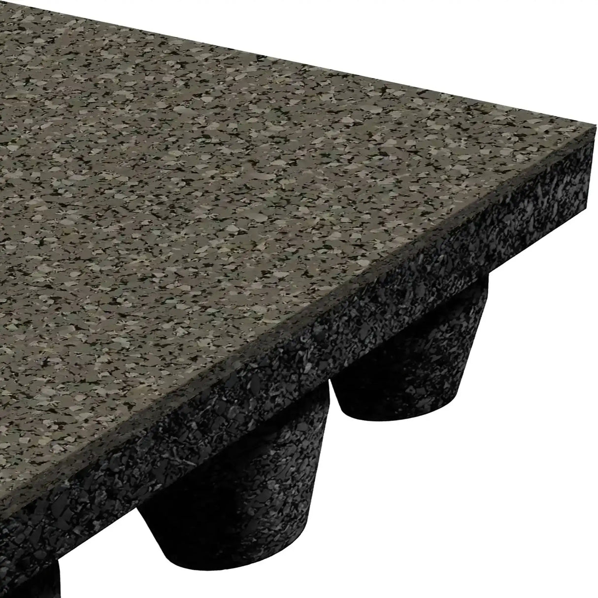 Close-up of an ECORE Performance dBTile Rubber Tile - 2.5" Acoustic Flooring by ECORE Athletic, showing its speckled, textured surface and black cylindrical risers beneath a corner of the tile.