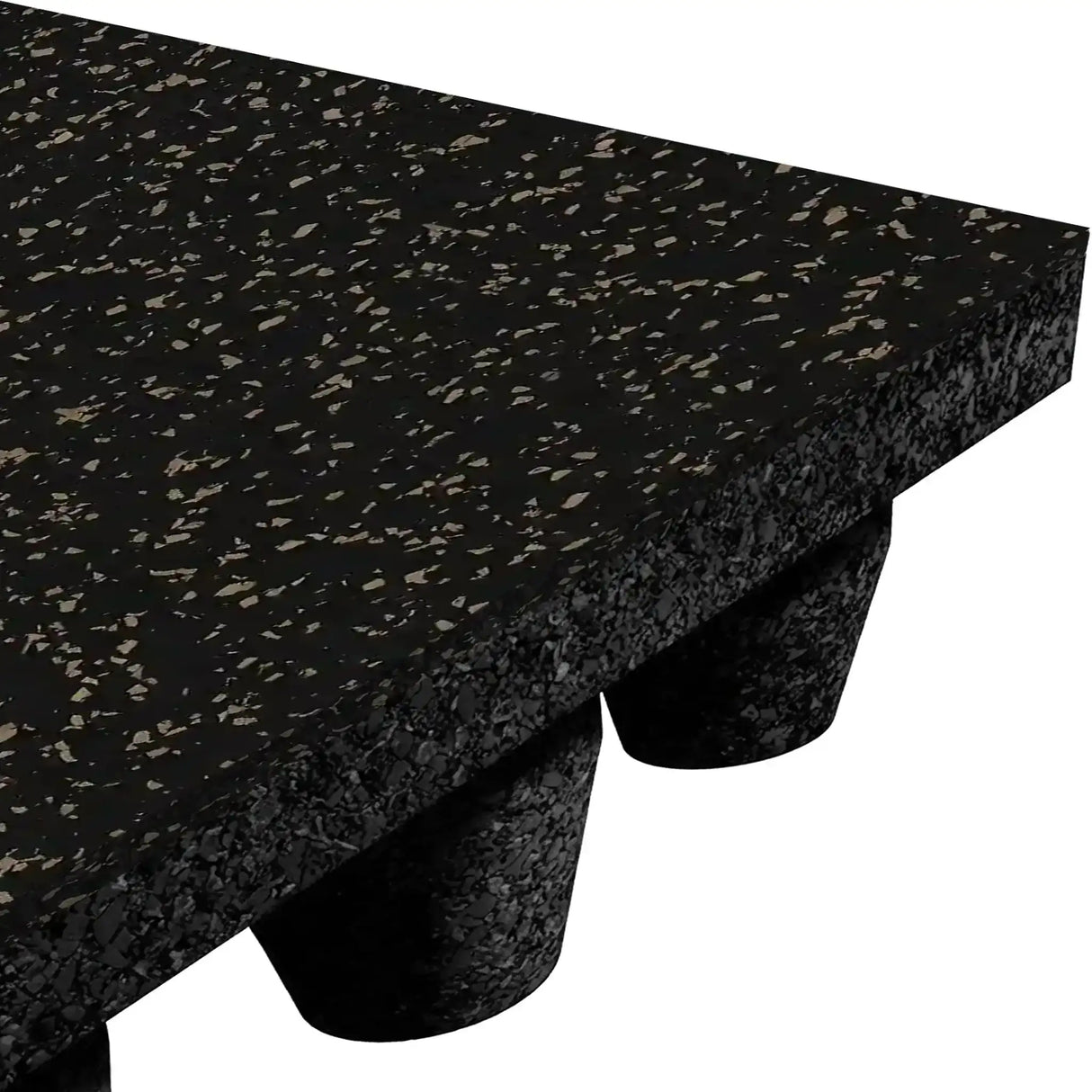 A close-up of the ECORE Athletic ECORE Performance dBTile Rubber Tile - 2.5" Acoustic Flooring in black, with beige and gray flecks, a textured surface, and elevated cylindrical supports on the underside.
