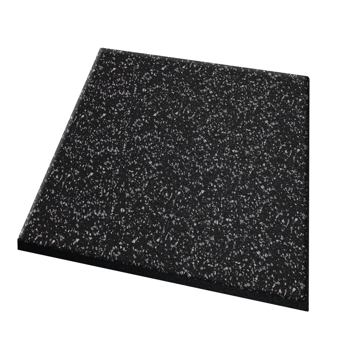 A square ECORE Athletic Performance dBTile Rubber Tile, 2.5" thick acoustic flooring in black with white and gray speckles, is displayed against a white background.