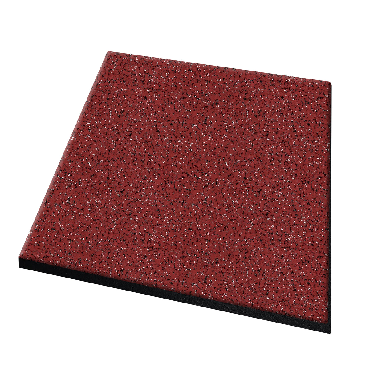 The ECORE Performance dBTile Rubber Tile - 2.5" Acoustic Flooring by ECORE Athletic is shown in red with white and black speckles, a black base layer, and a smooth, slightly textured surface angled on a white background.