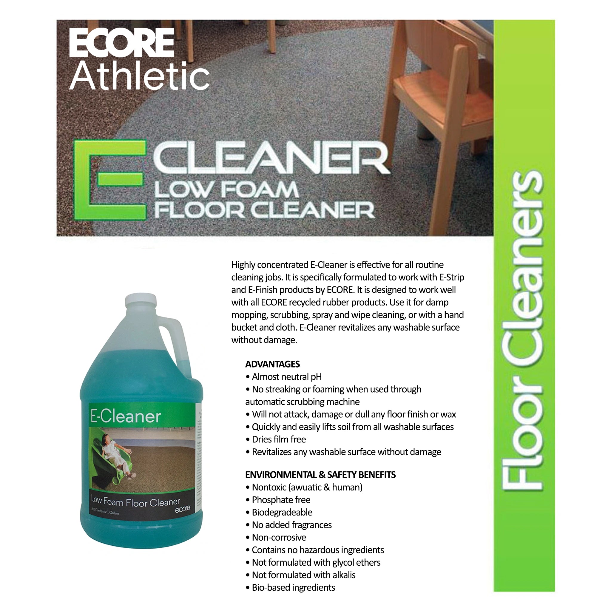 A full bottle of blue Ecore Athletic ecleaner low foam floor cleaner for rubber flooring
