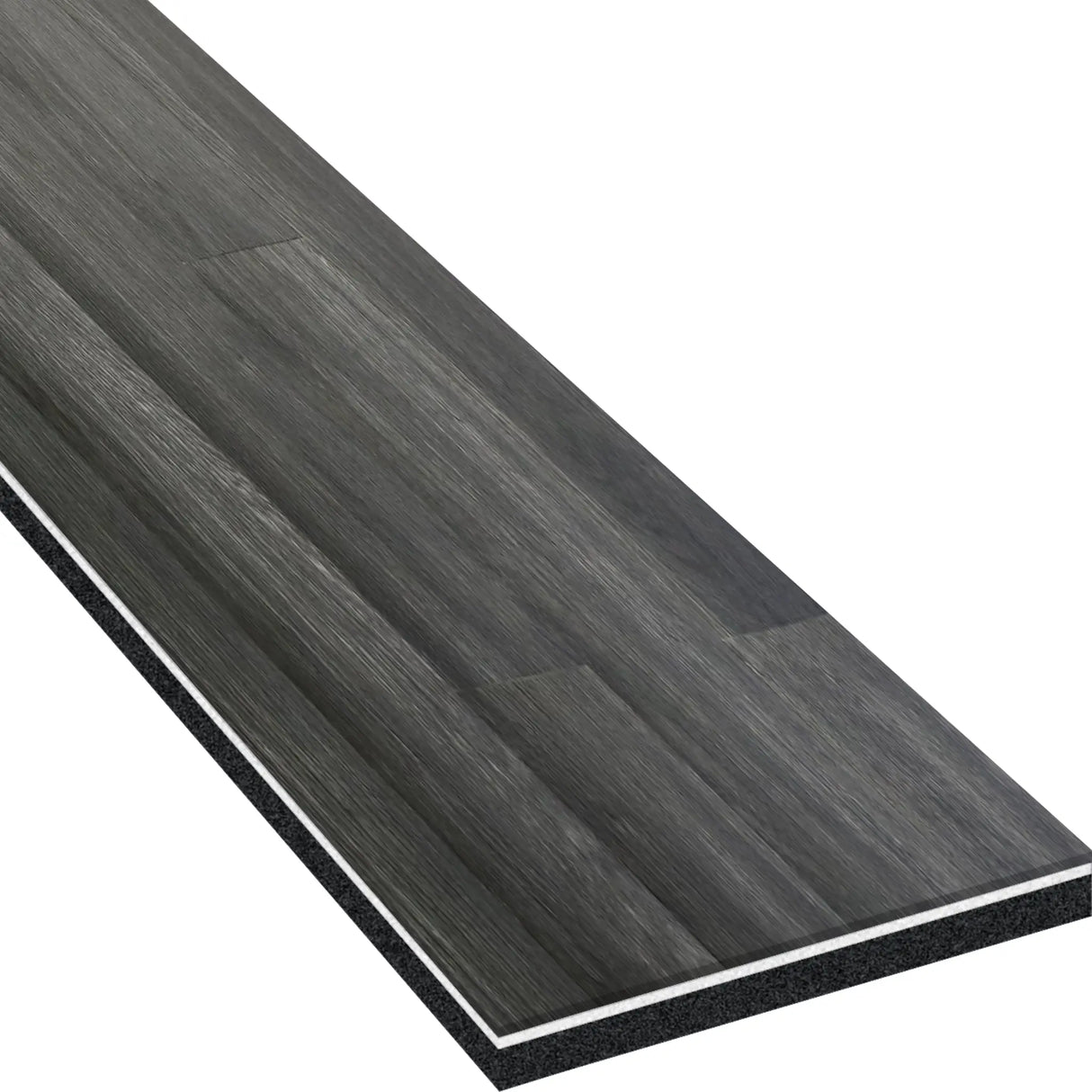 A close-up of an ECORE Heritage Motivate Vinyl Plank by ECORE Athletic shows a single, rectangular dark gray 7mm PVT Performance Flooring plank with wood grain pattern and visible multi-layered edge.