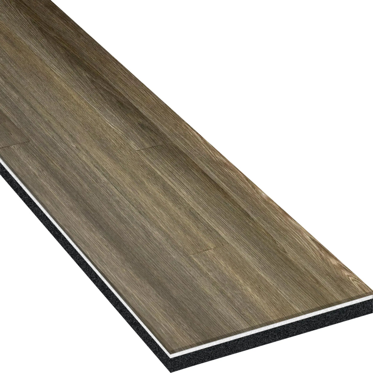 A close-up of ECORE Heritage Motivate Vinyl Plank - 7mm PVT Performance Flooring by ECORE Athletic, showing its textured brown wood-look surface and layered black and white cross-section.