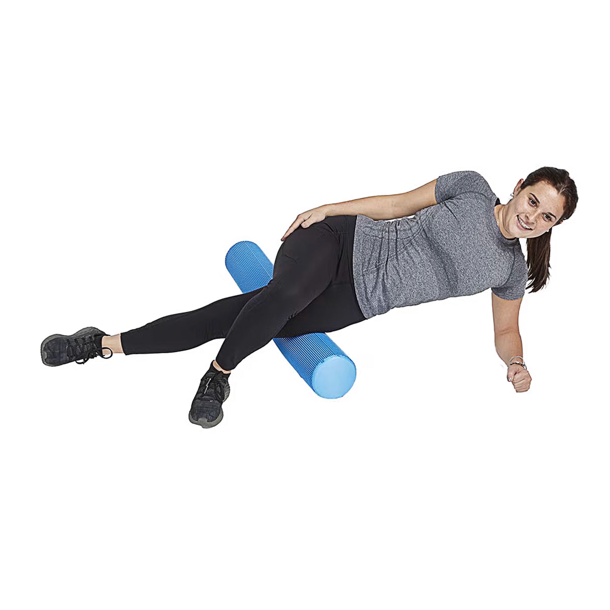 Woman rolling quad on long foam roller with extra grip by Perform Better