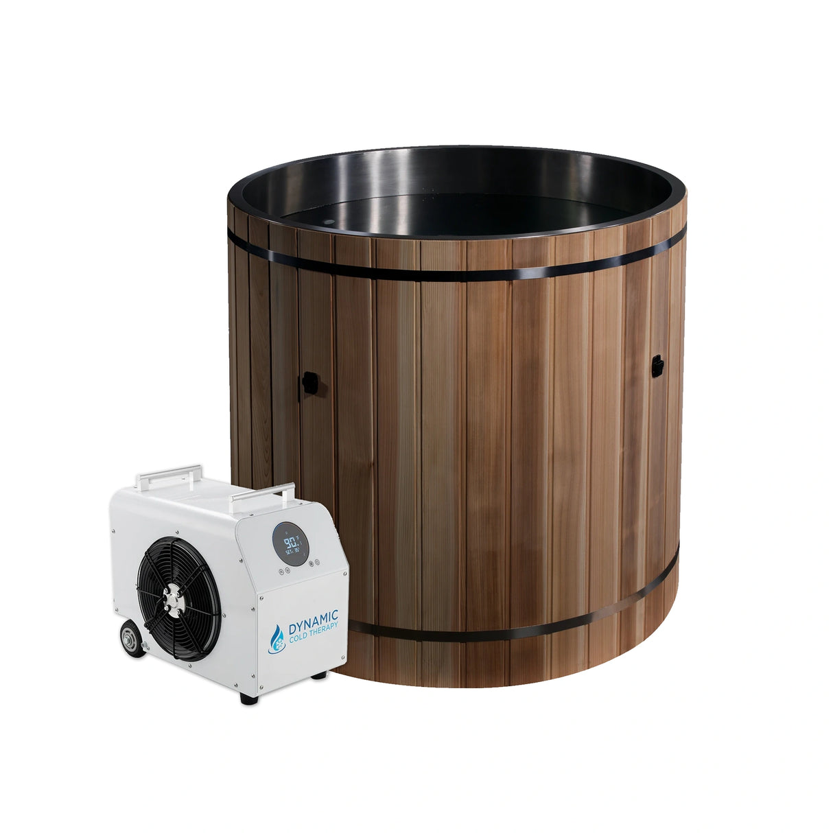 Stainless steel red cedar barrel cold plunge with a chiller next to it