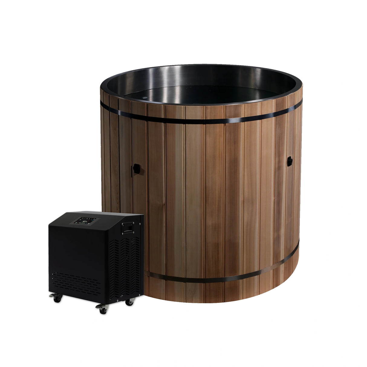 Stainless steel red cedar barrel cold plunge with a chiller next to it