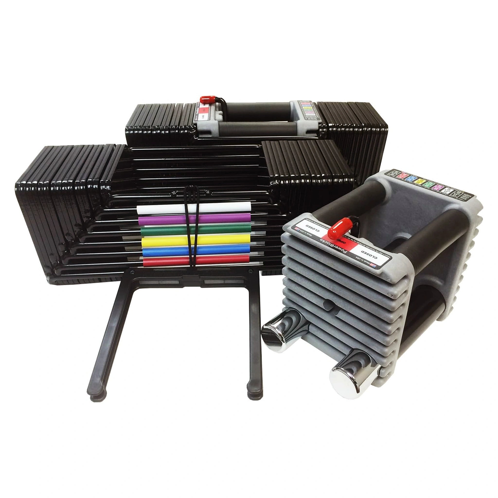 A pair of PowerBlock Elite USA 90 dumbbells with the handle removed from one of them