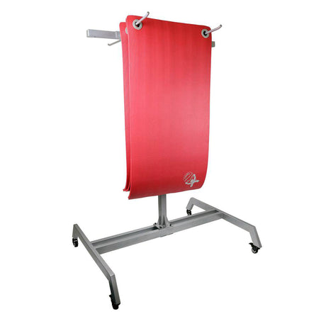 Mobile exercise mat storage rack with wheels and mats hanging from it