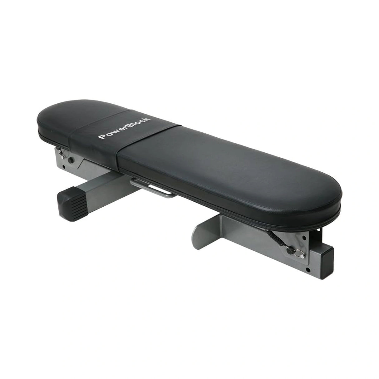 A PowerBlock Fold Up Portable Travel Bench in the folded position