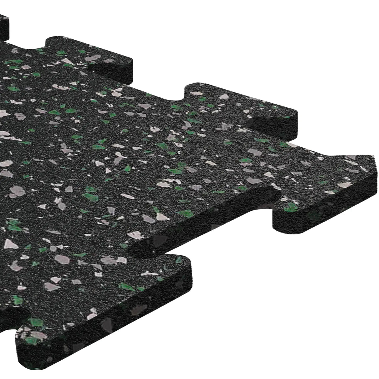 Close-up of an ECORE Athletic 8mm Rubber Floor Tile featuring black interlocking edges, gray and green speckles, and a textured surface.
