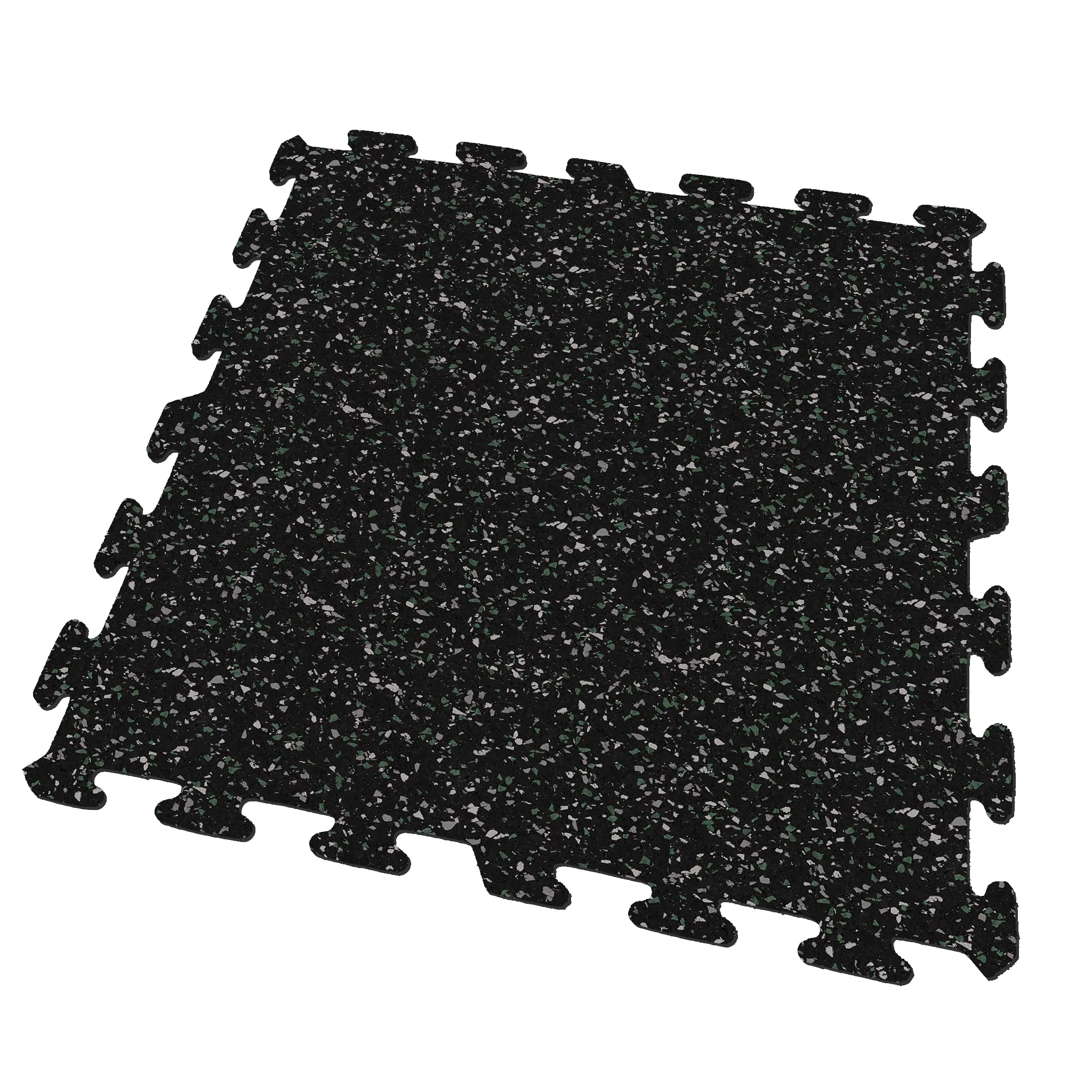 A black, green, and gray colored Ecore Athletic interlocking rubber gym flooring tile for homes