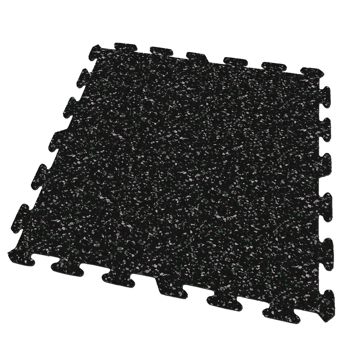 A black, green, and gray colored Ecore Athletic interlocking rubber gym flooring tile for homes