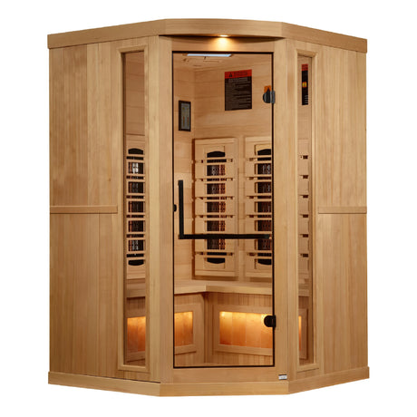 Golden Designs 2025 Reserve Edition full spectrum infrared corner model sauna with a 2 person capacity and built in Himalayan salt bar