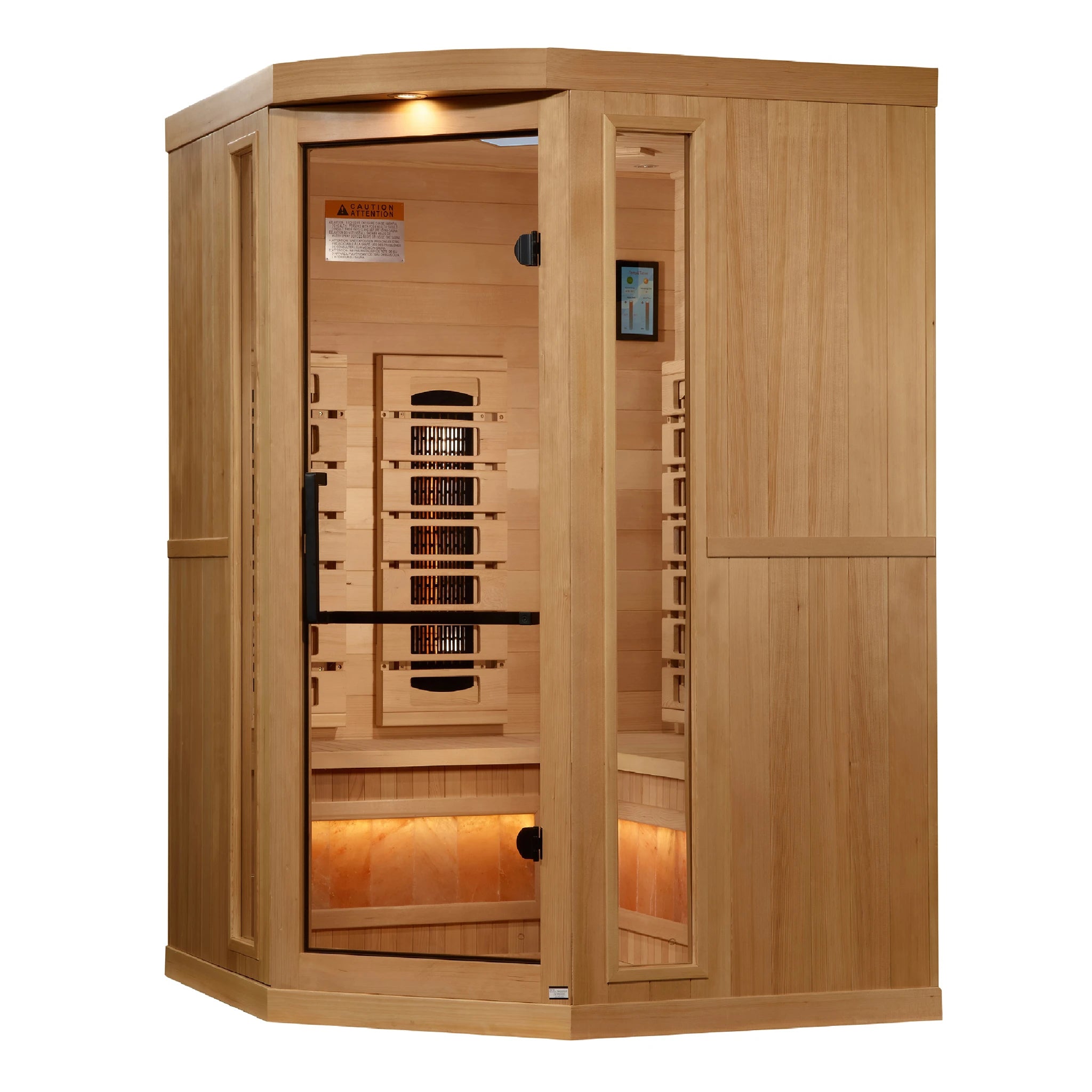Golden Designs 2025 Reserve Edition full spectrum infrared corner model sauna with a 2 person capacity and built in Himalayan salt bar