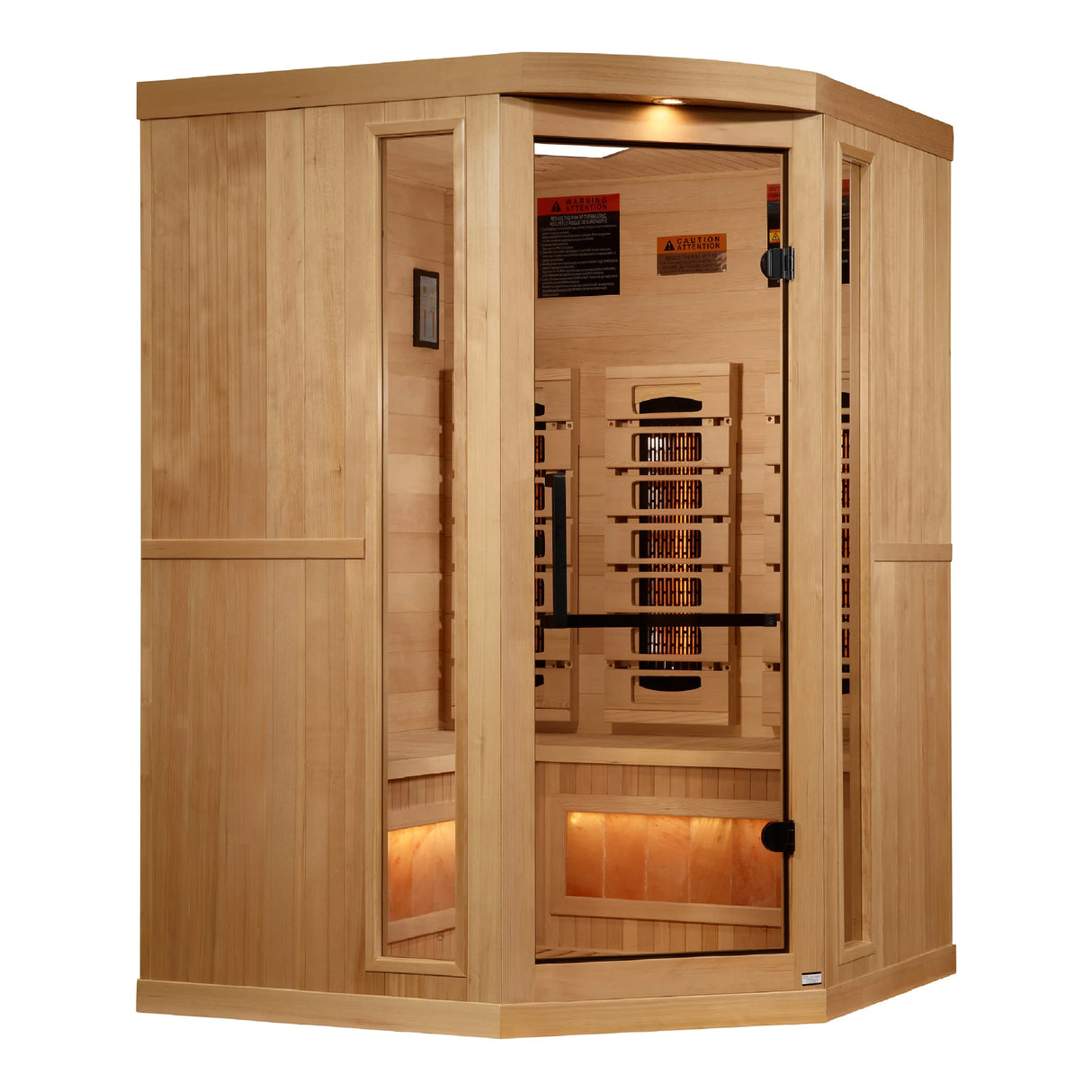 Golden Designs 2025 Reserve Edition full spectrum infrared corner model sauna with a 2 person capacity and built in Himalayan salt bar