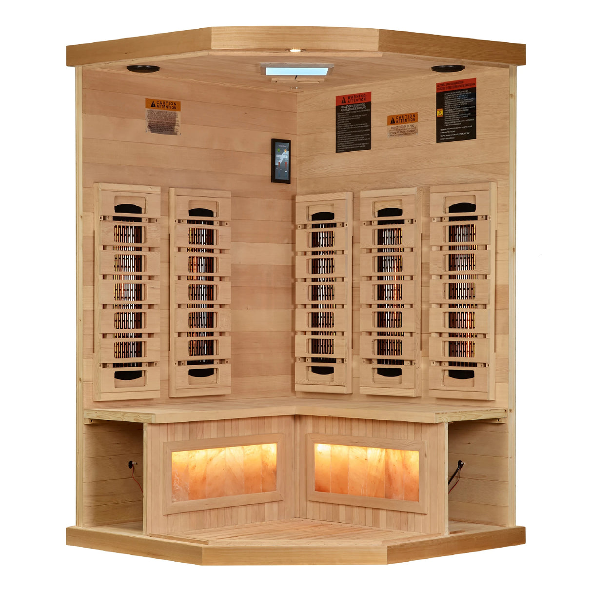 Golden Designs 2025 Reserve Edition full spectrum infrared corner model sauna with a 2 person capacity and built in Himalayan salt bar