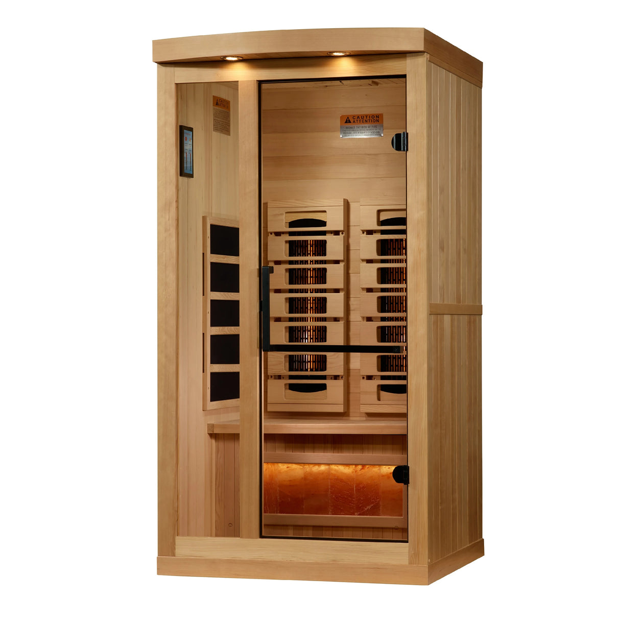 Golden Designs 2025 Reserve Edition full spectrum infrared sauna with a 1 person capacity and built in Himalayan salt bar