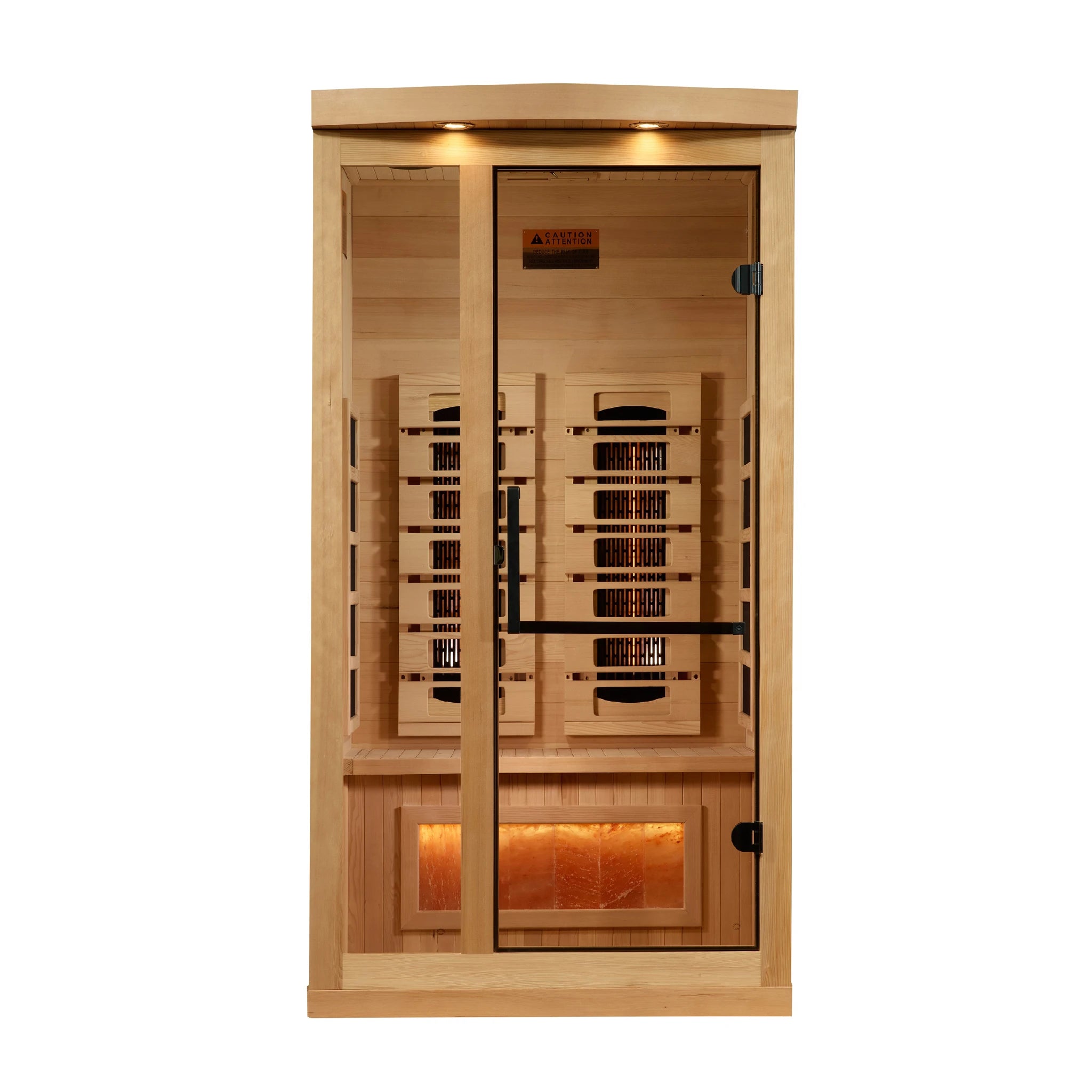 Golden Designs 2025 Reserve Edition full spectrum infrared sauna with a 1 person capacity and built in Himalayan salt bar
