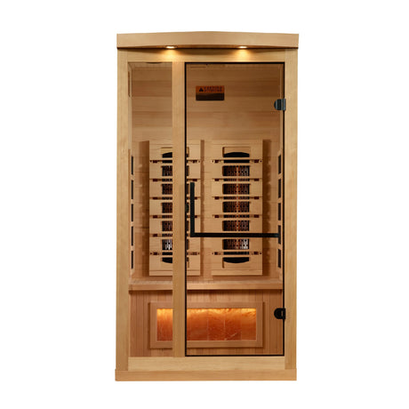 Golden Designs 2025 Reserve Edition full spectrum infrared sauna with a 1 person capacity and built in Himalayan salt bar