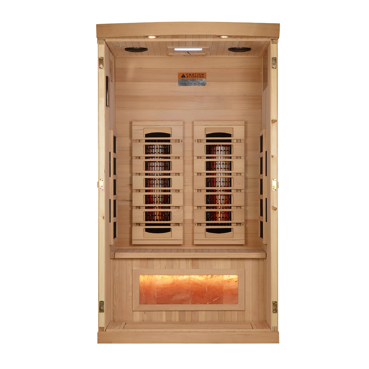 Golden Designs 2025 Reserve Edition full spectrum infrared sauna with a 1 person capacity and built in Himalayan salt bar