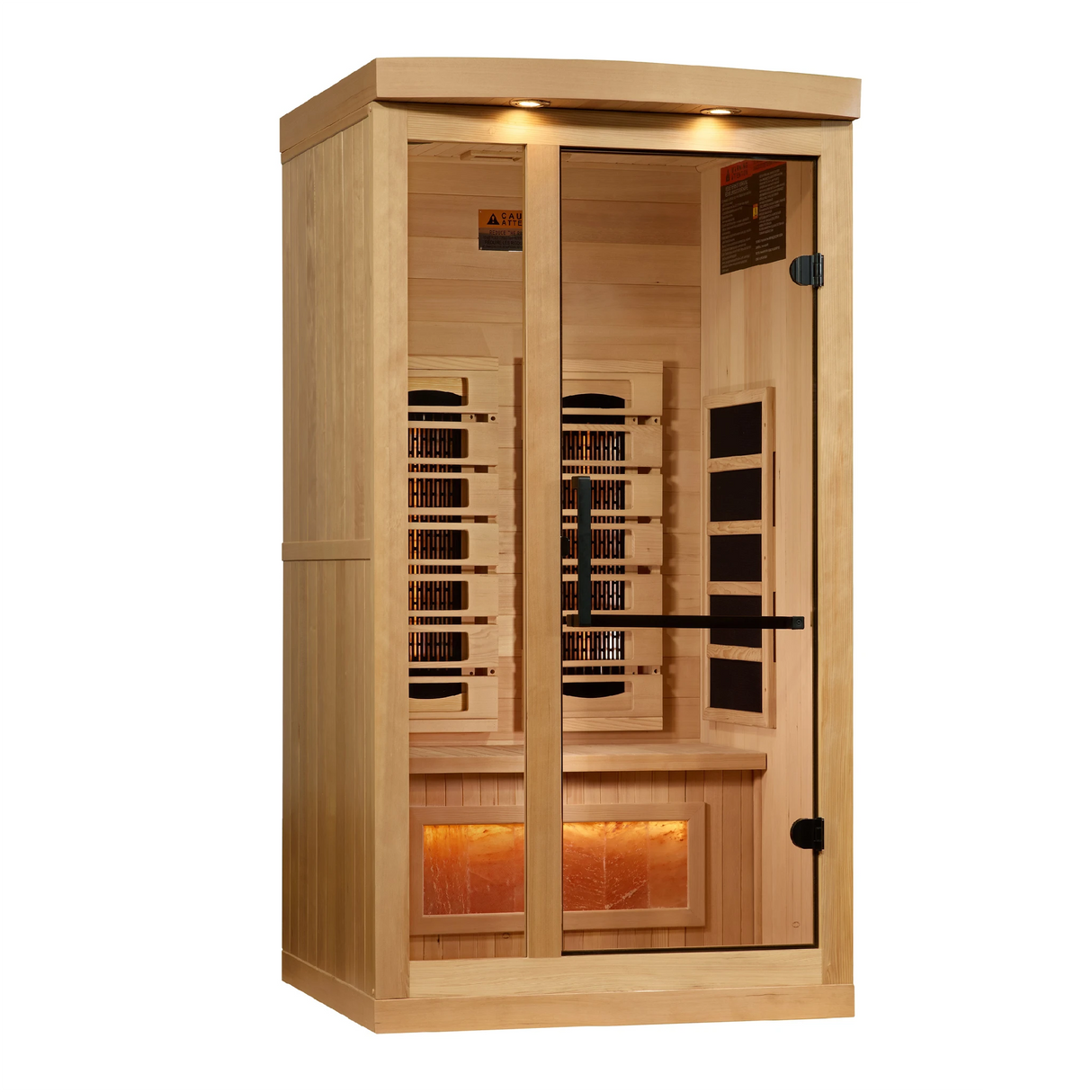 Golden Designs 2025 Reserve Edition full spectrum infrared sauna with a 1 person capacity and built in Himalayan salt bar