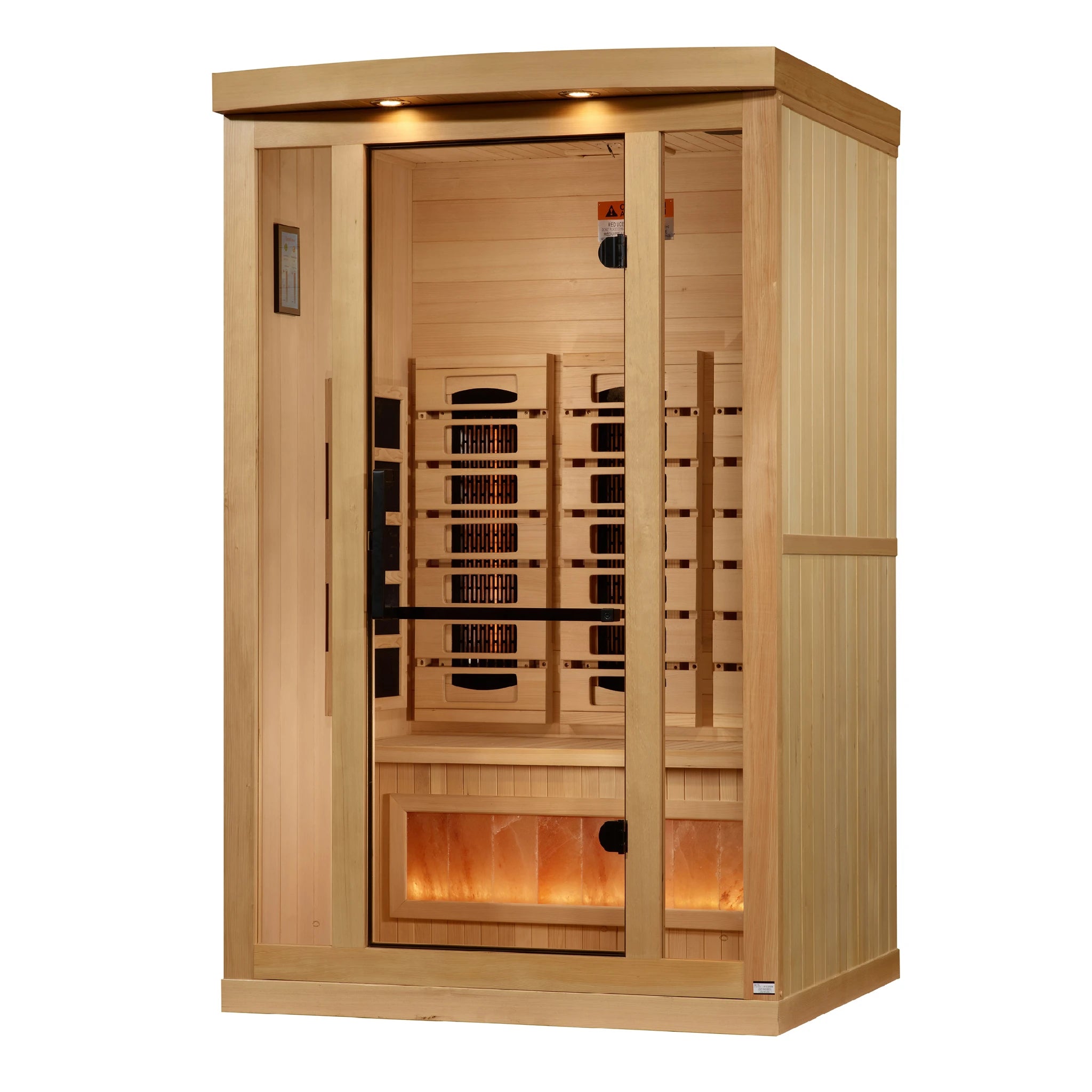 Golden Designs 2025 Reserve Edition full spectrum infrared sauna with a 2 person capacity and built in Himalayan salt bar